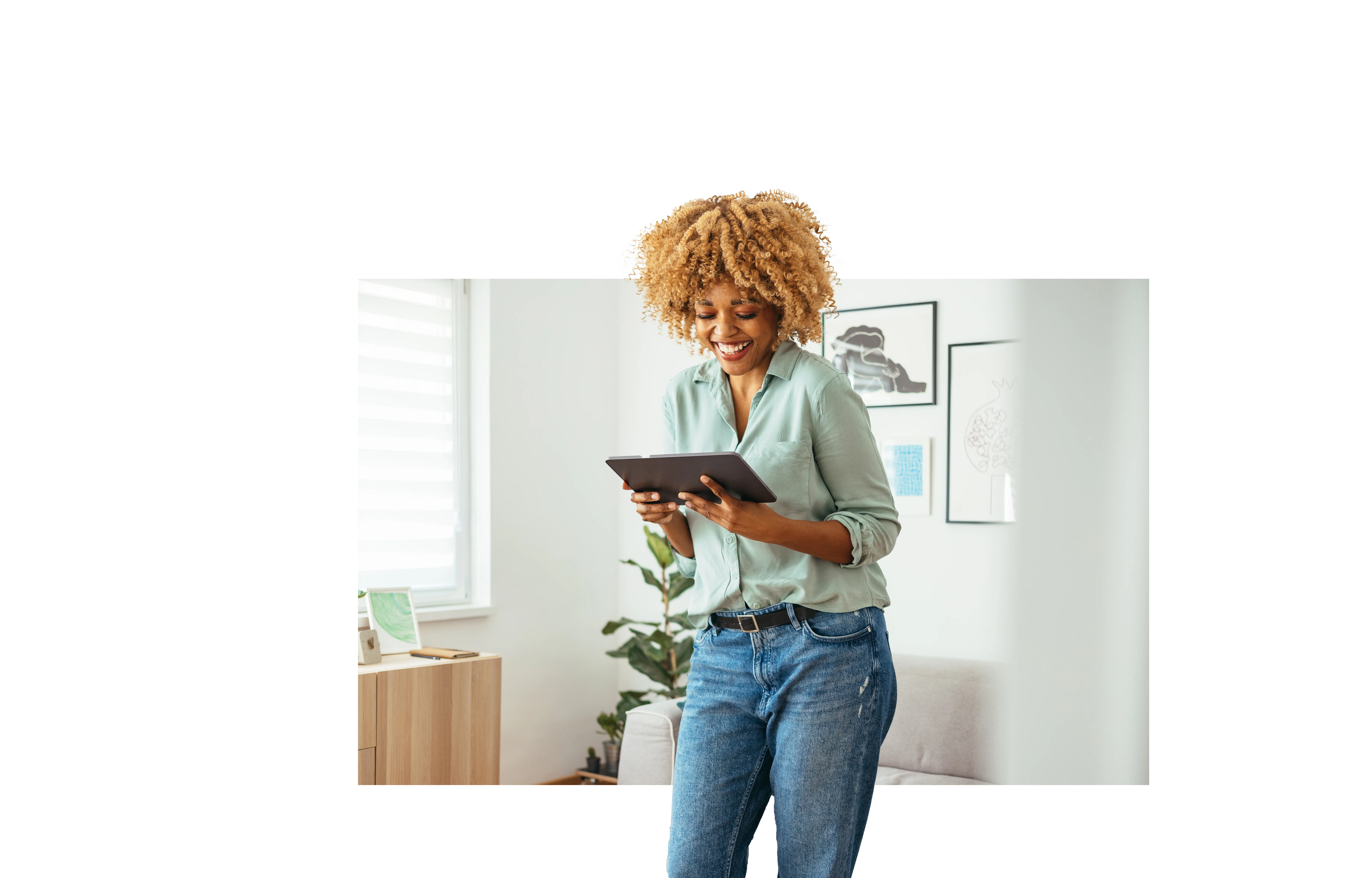 Lady looking at tablet header