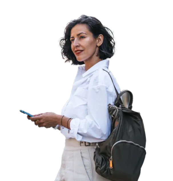 Lady in white shirt with backpack